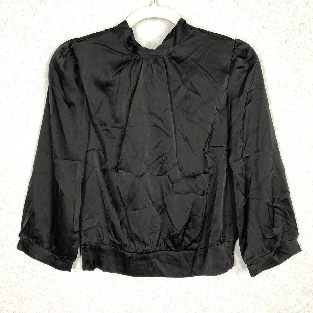 Monteau Shirt Womens Large Black Blouse Satin Corp Twee Silky Crop Goth Mob Wife